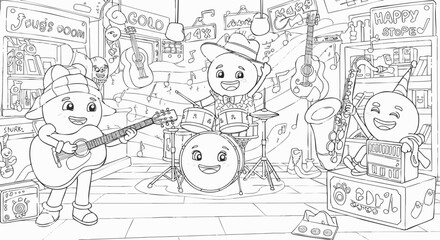 Obraz premium Kids coloring page of a happy cartoon music band playing instruments. A fun black and white line art illustration of musicians in a store.