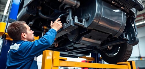 Technician inspects vehicle underside on hydraulic lift, auto parts, workshop