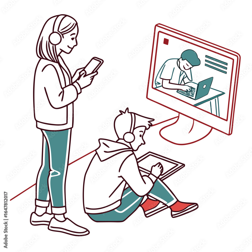 Poster online learning with student watching video on tablet and computer screen