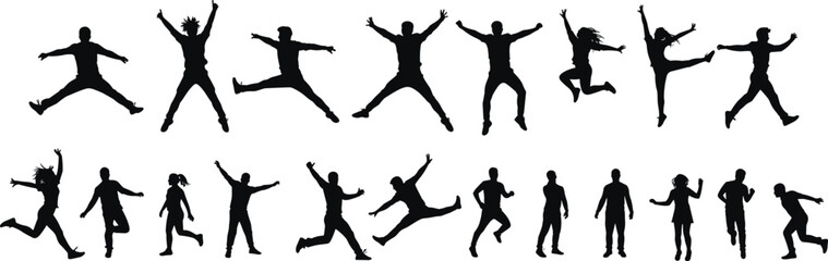 Group of people jumping silhouette, happy friends in motion, celebration dance poses, energetic crowd vector illustration, joyful human silhouettes, party movement conce