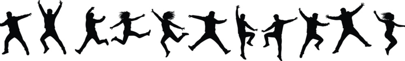 Group of people jumping silhouette, happy friends in motion, celebration dance poses, energetic crowd vector illustration, joyful human silhouettes, party movement conce