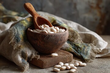 Obraz premium Realistic depiction of haricot beans in a wooden cup resting on burlap with a cozy rustic background during daylight hours