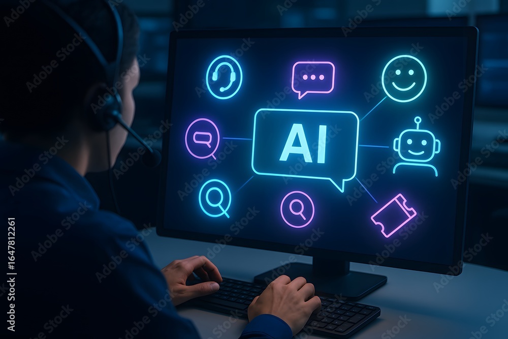 Poster futuristic ai interaction visualized with glowing icons and a person engaging with technology, showc