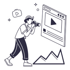 Photographer taking photo of video content for online marketing isolated on white background