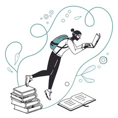 Student using laptop while standing on books isolated on white background