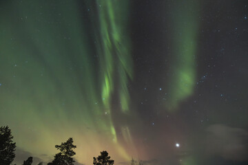 Northern lights light up the entire sky with their ever-changing shapes, painting it in vibrant...