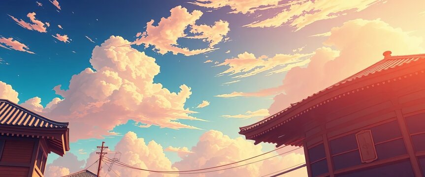 Vintage-styled anime sky, faded photo texture, ample copyspace,  textured,  design