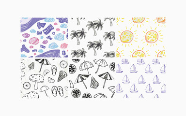 Italian coastal holiday doodles with pizza, wine, citrus trees, beach umbrellas, palm trees, seashells, sailboats, and bright sunny weather