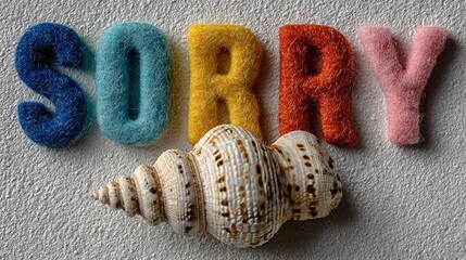 Apology sorry message with seashell and colorful felt letters on textured paper
