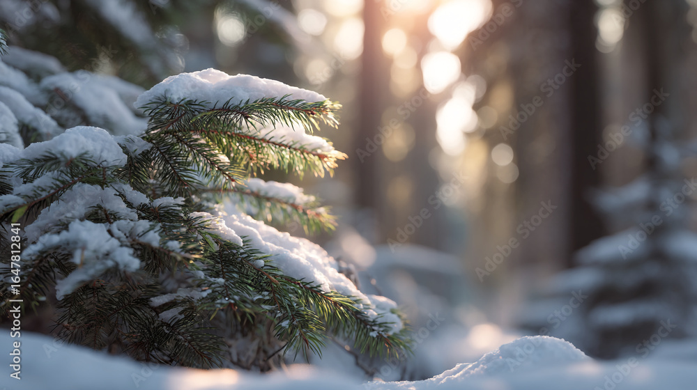 Poster snow covered pine branch in a forest with sunlight shining through the trees in the background