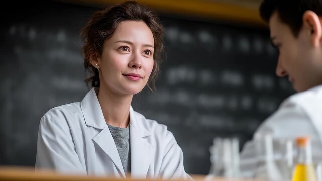 Female Scientist Smiles Thinking About Scientific Prospects