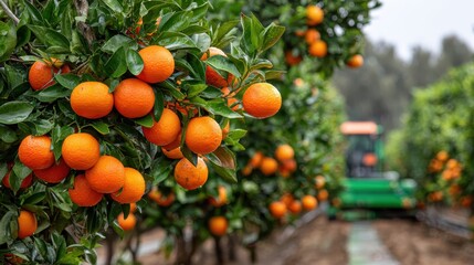 Juicy oranges hang heavy on branches in a lush citrus orchard, ready for harvest