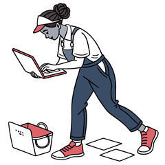 Woman worker using laptop isolated on white background