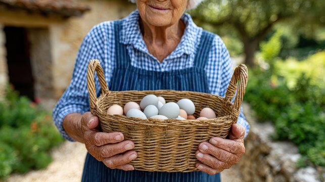 Elderly woman farmer proudly presents a basket full of freshly gathered eggs from her backyard - Powered by Adobe