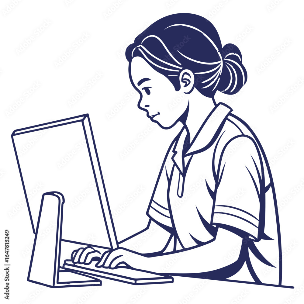Poster young student is using computer for online learning isolated on white background