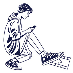 Young man sitting with phone and clapperboard isolated on white background