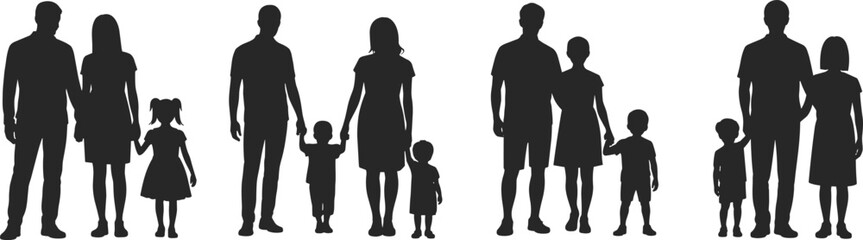 Silhouette collection of families with children, parents holding hands, black vector people outlines, happy family concept, togetherness and parenting illustration