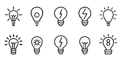 Set of ten lightbulb icons isolated on white background presenting different designs, including a classic bulb, a bulb with a lightning bolt, and a bulb with a sun symbol, all in black outline