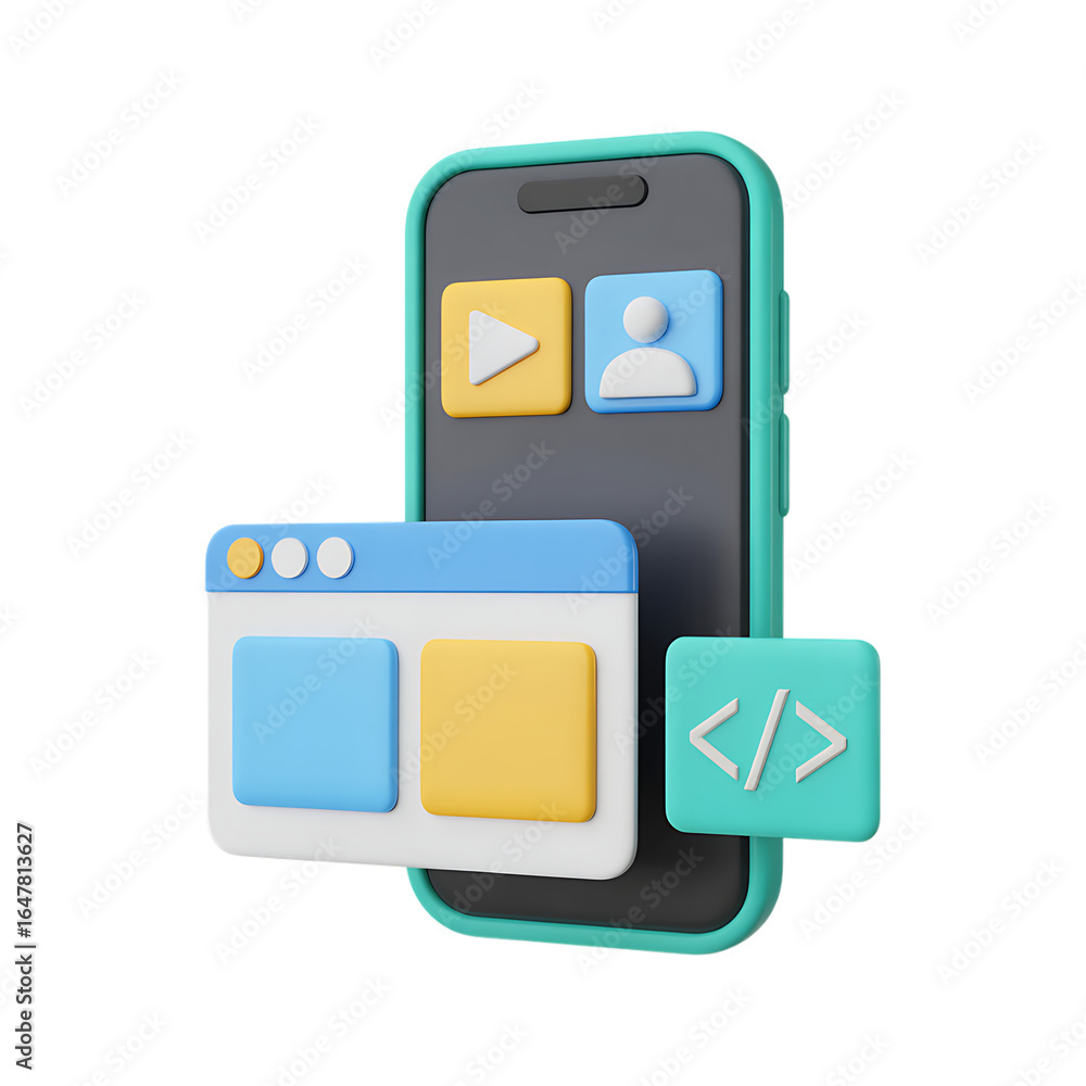 Poster 3d illustration of mobile app development, showcasing responsive design and coding.