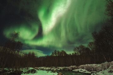 Aurora Borealis glows above river in Troms region, painting the starry night with green and purple...