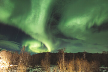 Aurora Borealis glows above river in Troms region, painting the starry night with green and purple...