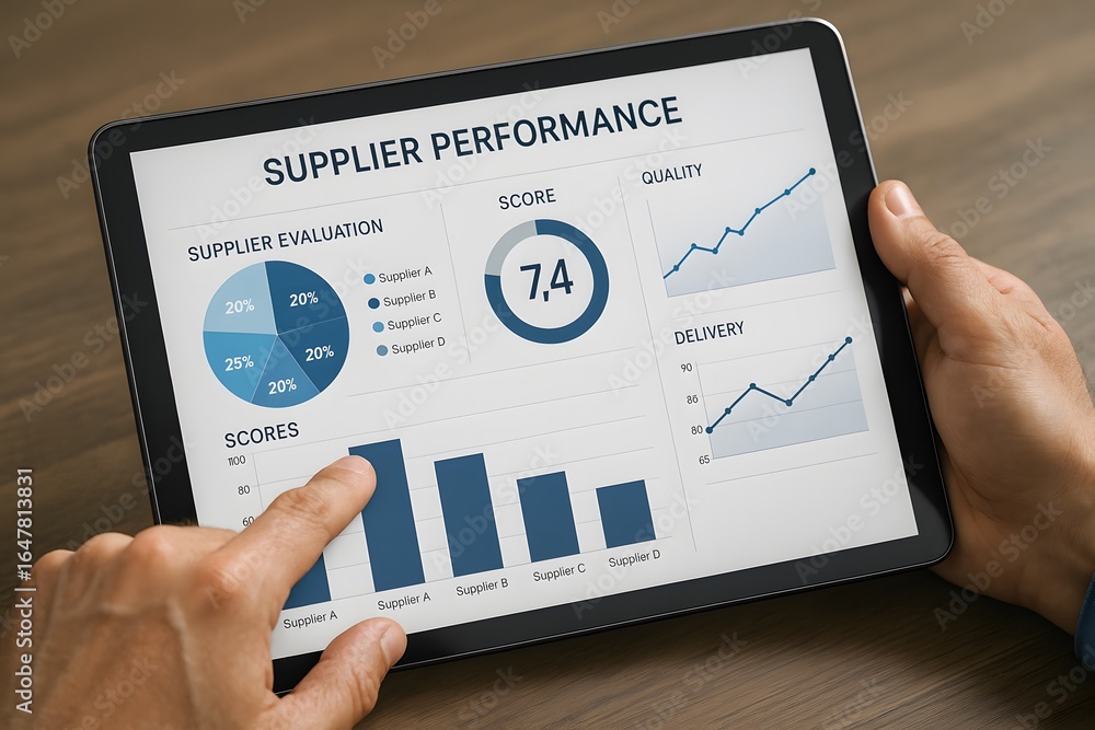 Poster analyzing supplier performance with a tablet computer.