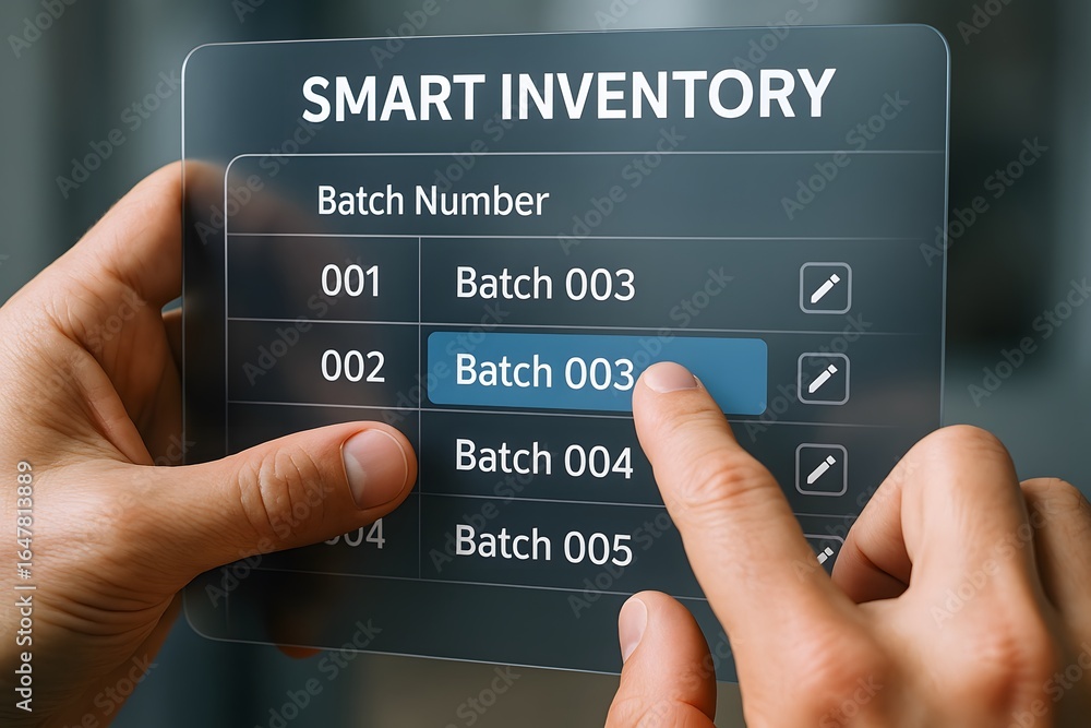 Poster A hand interacting with a transparent touch screen displaying SMART INVENTORY. 