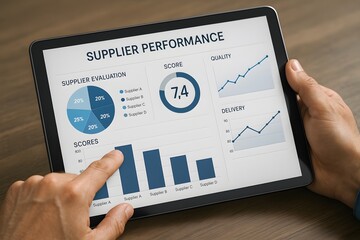 Analyzing supplier performance with a tablet computer. 