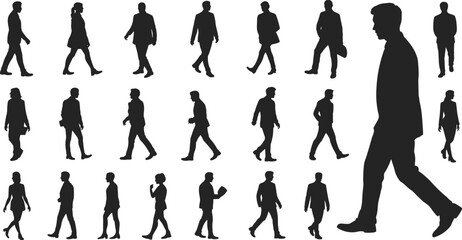Silhouette collection of walking business people, male and female human figures, black vector outlines, professional posture, office worker illustration set