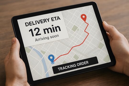 Tablet displays delivery tracking map and ETA. - Powered by Adobe