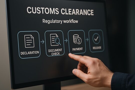 Customs clearance process on a digital screen with hand interaction. 