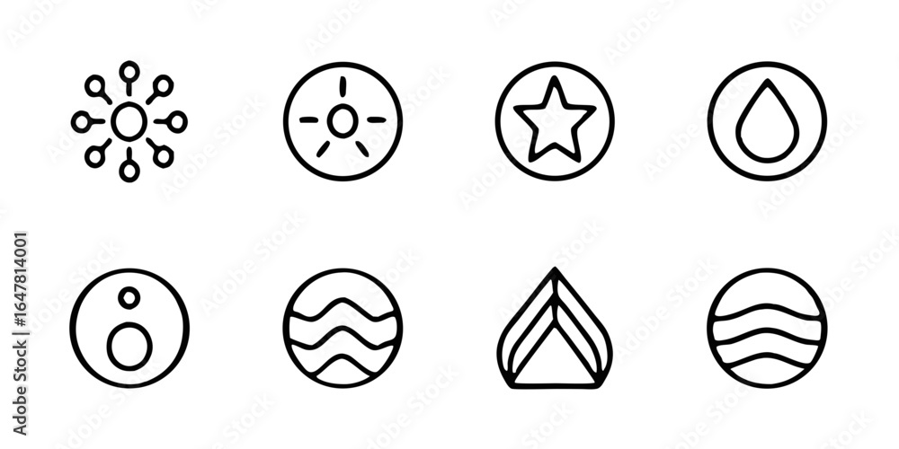 Poster set of minimalist line icons isolated on white background featuring various symbols such as molecule