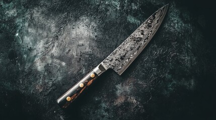 Chef knife on dark rustic background for culinary cooking and kitchen theme