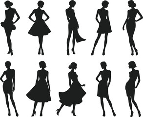 Silhouette collection of women in stylish dresses, female fashion poses, black vector outlines, elegant lady shapes, modern clothing illustration design