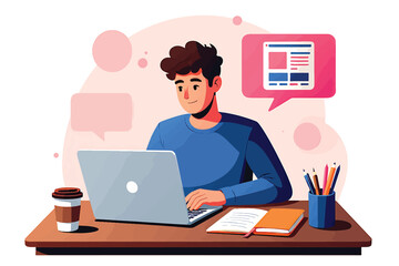 Young man working on a laptop at his desk, concept of remote work, freelancing, or online learning. Modern flat vector illustration.
