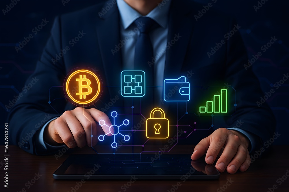 Poster savvy entrepreneur navigates digital finance ecosystem with futuristic blockchain technology and sec