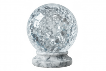 Glass globe showing planet earth resting on white marble stand isolated on transparent background, perfect for image editing