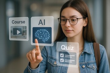 A student interacting with a futuristic interface.