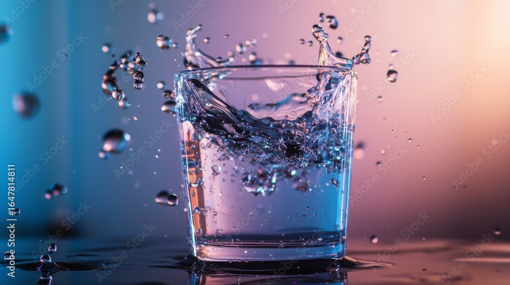 Poster glass of water with splash captured in motion on colorful gradient background for freshness