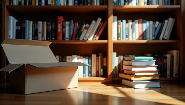 Open cardboard box with stack of books on wooden floor in library with copy space