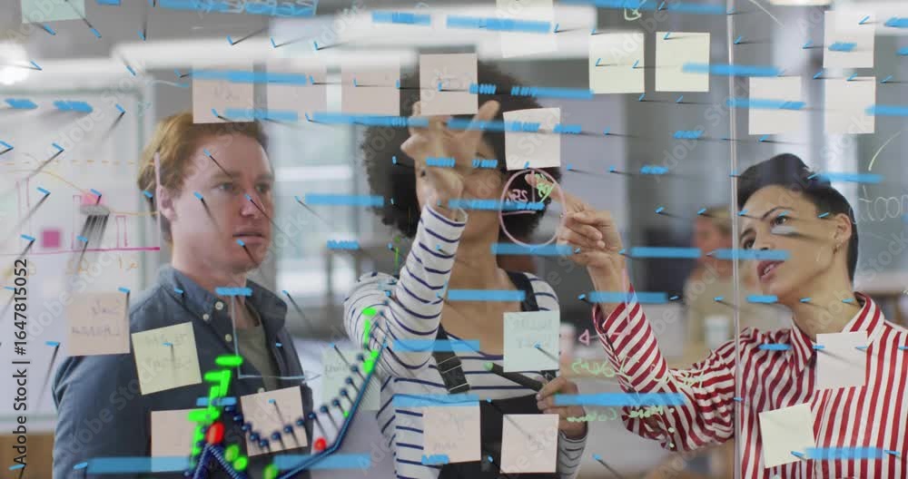 Poster business team clustering around glass board, circling note and analyzing data as 3d graph appearing