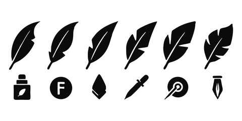 Obraz premium Collection of feather and ink icons isolated on white background, showcasing various styles and designs, perfect for writing, calligraphy, and literaturerelated projects and designs