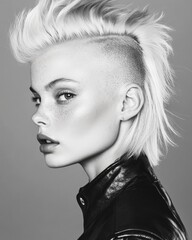A striking monochrome portrait showcasing a confident individual with a bold mohawk hairstyle, highlighting unique facial features and high-fashion aesthetics.
