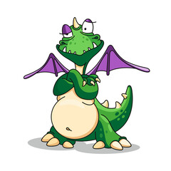A colorful cartoon dragon stands proudly with crossed arms and a cheeky grin. The dragon has vibrant green scales, purple wings, and a round belly, exuding a playful charm