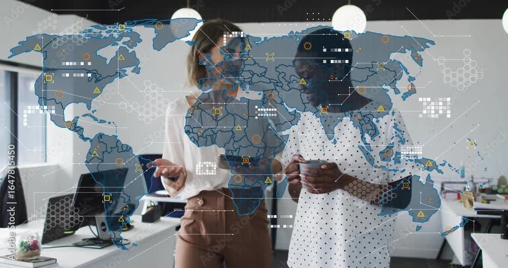 Poster two colleagues walking in business office and swiping tablet initiating world map adding data nodes