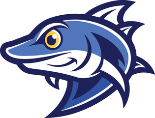 Blue and white shark mascot head with yellow eye