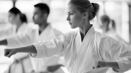 Focused young woman practicing martial arts in a dojo with a group of people wearing traditional karate uniforms.
