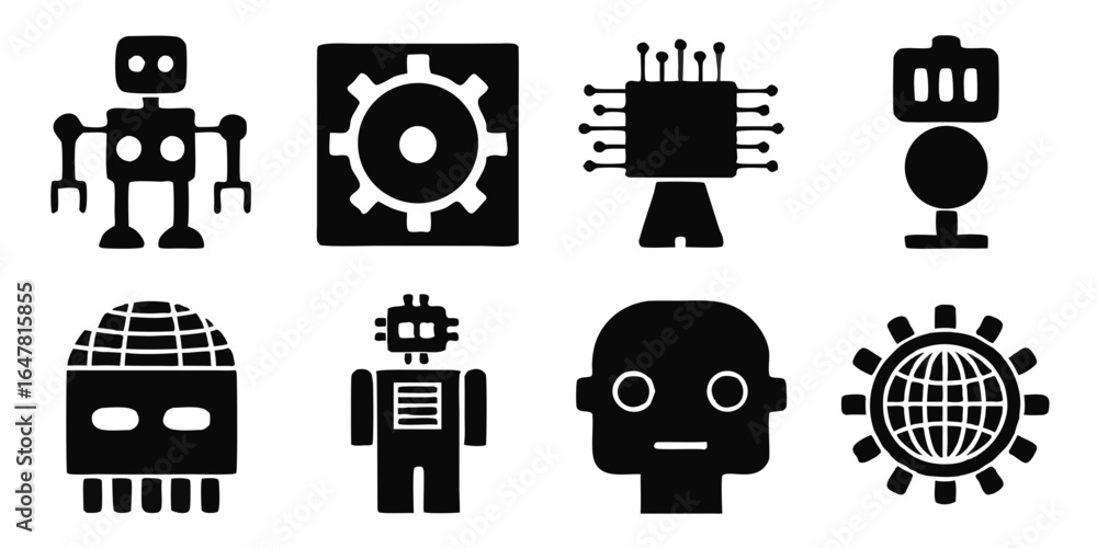 Poster set of black and white icons representing artificial intelligence, robotics, and technology isolated