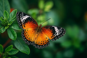 Obraz premium A colorful butterfly with orange wings peacefully rests on lush green foliage, showcasing the intricate patterns and beauty of nature.