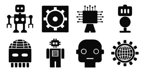 Set of black and white icons representing artificial intelligence, robotics, and technology isolated on white background includes robots, cyborgs, chips, gears, and other related symbols